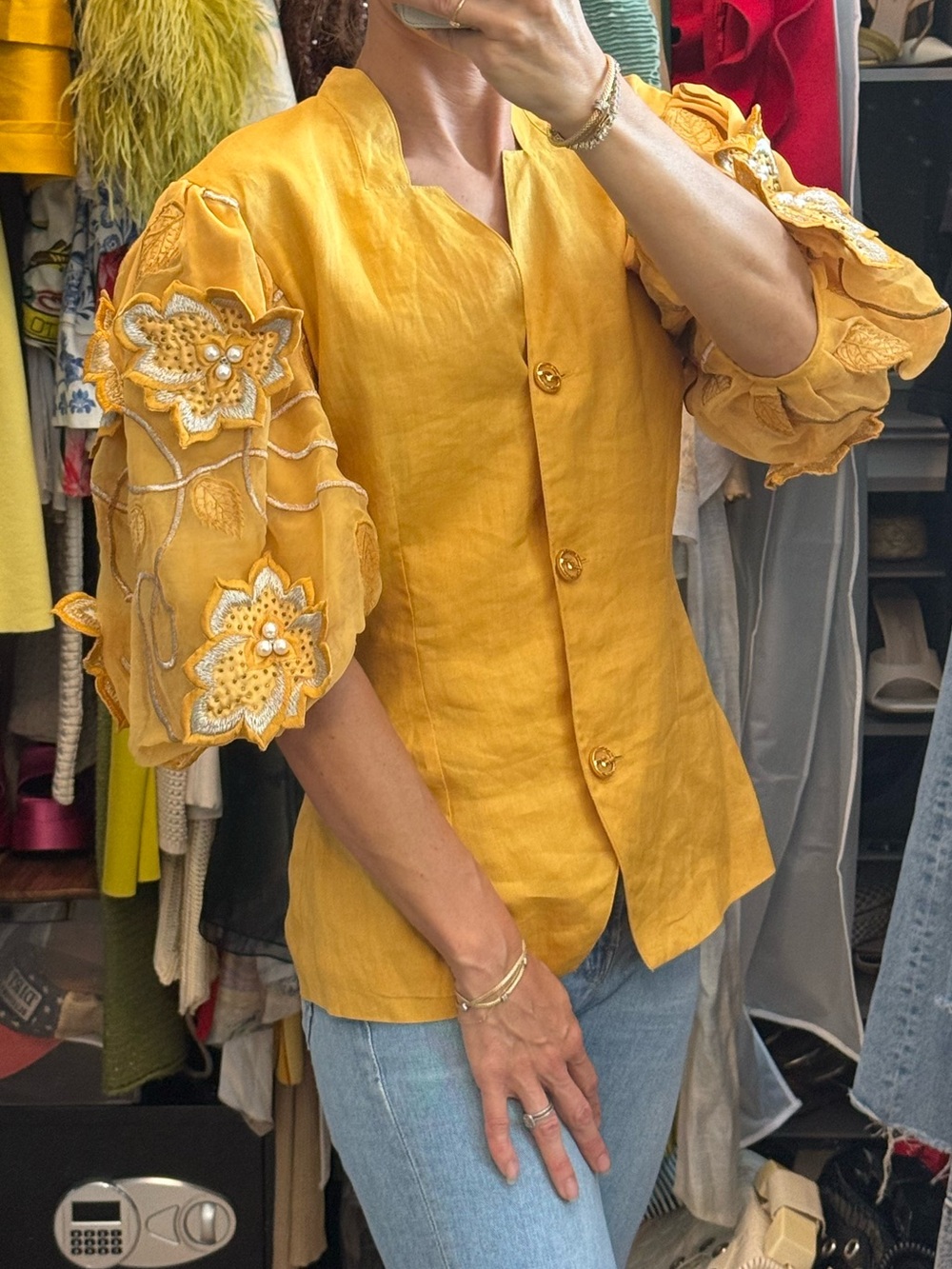Vintage La Vagabond Mustard Yellow Embroidered Appliqué Puff-Sleeve Blazee